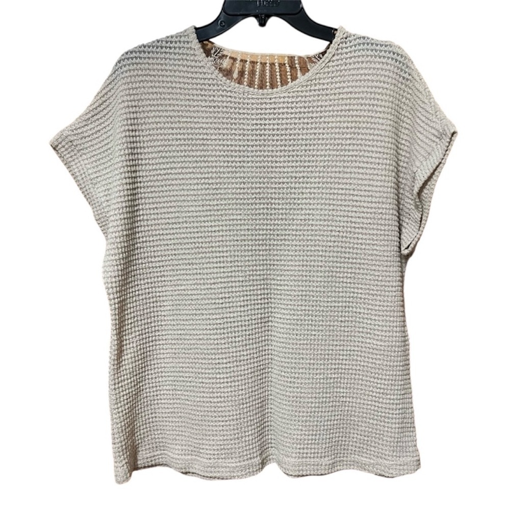 Short Sleeve Textured Lace Back Crewneck Knit Sweater Size XL
